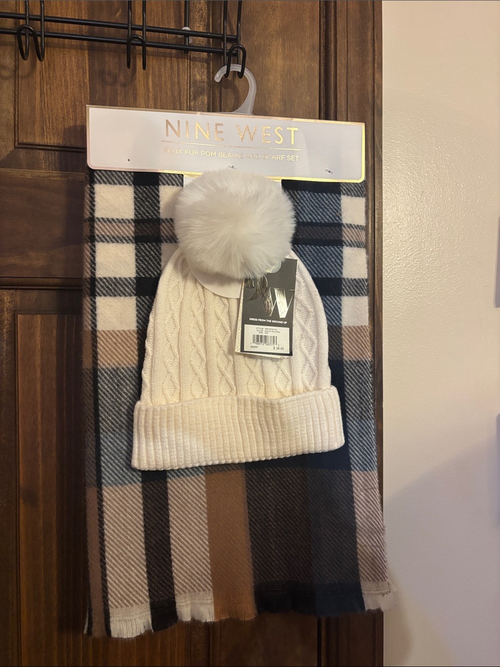 Nine West Ivory Cable Knit Beanie with Plaid Scarf Set